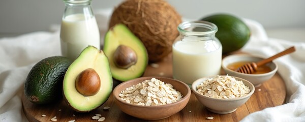 Natural ingredients for homemade skincare. Avocado, oats, milk, coconut, and honey arranged on wooden board. Prepare organic beauty masks for healthy skin and self care.