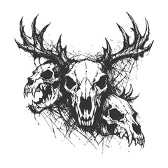 Dark skull with antlers illustration, eerie black and white hand drawn engraving style occult artwork