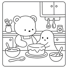 Cute Bear and Little Ghost Baking Cake Together in Kitchen Coloring Page Illustration