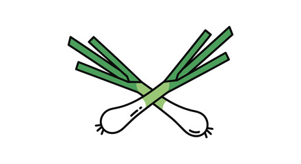 Simple graphic icon of two crossed green onion stalks in a flat vector style with black outlines and green filling for food logos.