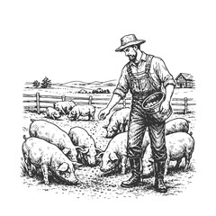 Farmer herding pigs in rural countryside farmland, detailed black and white hand drawn agricultural line art illustration