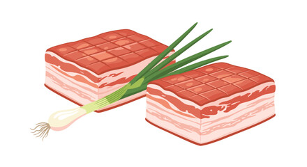 Slabs of fresh raw pork belly featuring thick layers of fat and meat paired with a whole green onion for traditional culinary preparation.
