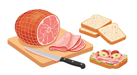 Large whole smoked ham on a wooden cutting board with thin slices, a fresh sandwich, and sliced bread prepared for a hearty morning meal.