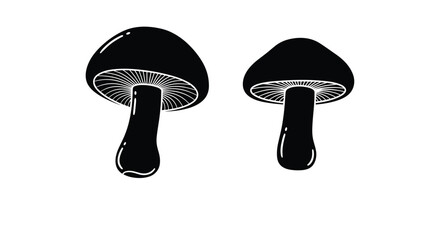 Simple black and white silhouettes of two wild mushrooms showing different cap sizes and thick stems ideal for modern logo design icons.
