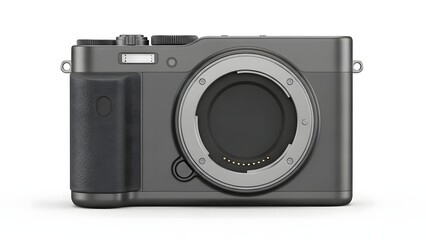 A sleek camera with a detachable lens on a clean white background showcasing technology and photography equipment