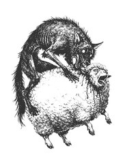 Skinny wolf confronting fat sheep in symbolic wildlife contrast scene, dramatic black and white hand drawn line art vector illustration