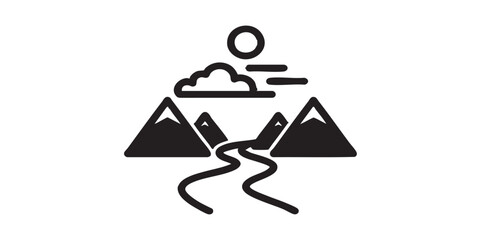 Mountain river, sun and cloud line icon, travelling concept. Vector graphics. Moutain landscape sign on white background, outline style icon for mobile or web design