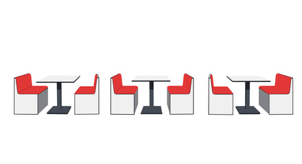 Set of three modern restaurant booths featuring clean white tables and vibrant red cushioned seating for a comfortable dining environment.