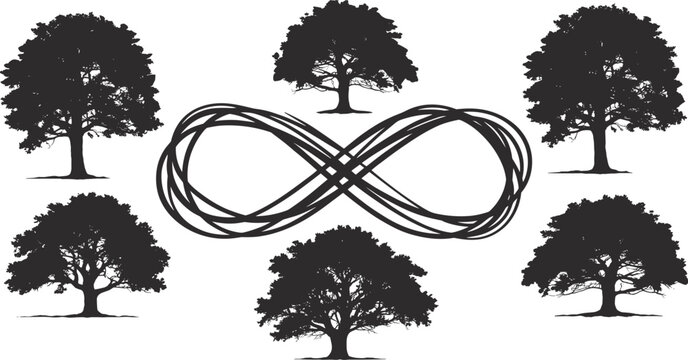 Tree silhouettes around infinity symbol, nature balance, environmental concept, symmetrical design, flat vector illustration, eternal connection, black graphic