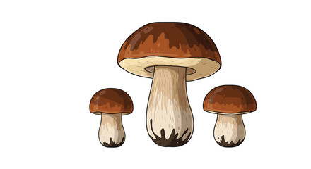 Realistic trio of brown forest mushrooms with smooth caps and thick white stems illustrated with subtle highlights for a natural appearance.