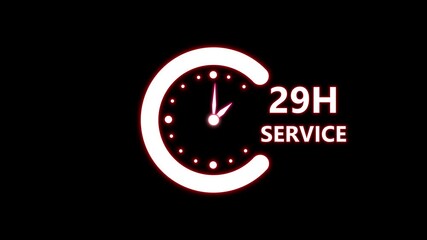Glowing neon 29 hours service clock icon. Online customer care, live chat support, and real-time customer assistance to ensure complete customer satisfaction. Technology map and dark background 4K. - Powered by Adobe