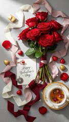 A romantic Valentine's Day setup with red roses, tea, and chocolates on a cozy table.