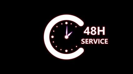 Glowing neon 48 hours left countdown timer clock animation. 48 hour left offer, business limited special promotion on alpha channel. Clock with moving arrows, world map on dark background. 4K video - Powered by Adobe