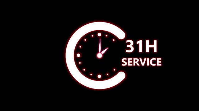 Glowing neon 31 hours clock icon. Online customer care, live chat support, and real-time customer assistance to ensure complete customer satisfaction. 4K Video motion graphic animation