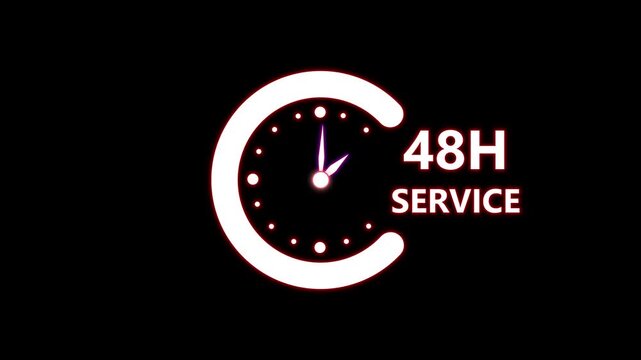 Glowing neon 48 hours left countdown timer clock animation. 48 hour left offer, business limited special promotion on alpha channel. Clock with moving arrows, world map on dark background. 4K video