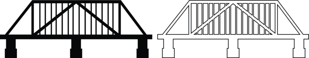 Bridge icons set collection with arch suspension truss viaduct structures in flat and line style, transportation infrastructure outline illustration group for city map UI design