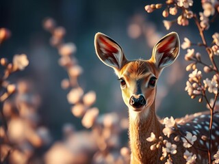 Whispers of twilight grace a shy fawn's gaze amidst ethereal, muted blossoms A moment suspended in soft pastels,  straight-on,  fawn