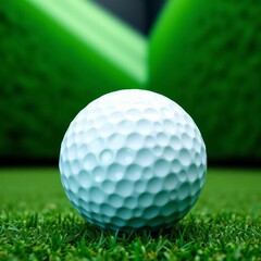White golf ball with black dot on green field, bordered by green wall Golf simulator in background,  white,  game