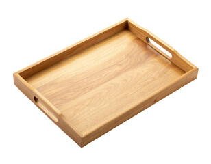 Angled shot of a rectangular wooden serving tray with cutout handles, isolated on black