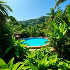 Vibrant green jungle surrounds a sparkling pool, ideal for a sunny getaway,  vibrant nature,  lush foliage