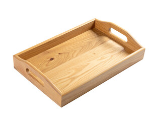 Wooden serving tray with side handles, angled, showing wood grain, on black backdrop