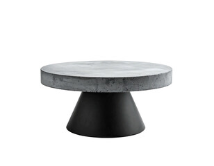 A modern coffee table with a gray concrete top and a black conical base against a black background