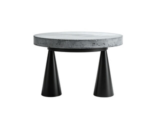 Modern side table featuring a circular concrete top supported by two black cone-shaped legs