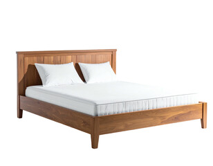 A wooden bed frame with a white mattress and pillows, set against a black background