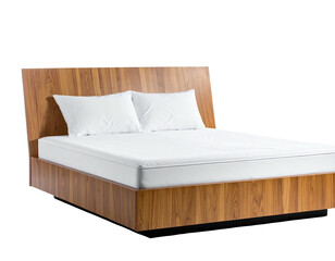 Modern wooden bed with white pillows and bedding, isolated on black background