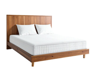 A modern, minimalist wooden bed frame with a white mattress and pillows