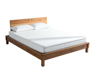 A wooden bed frame with a mattress and two pillows, ready for a restful sleep