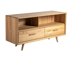 Wooden media console with two drawers, open shelf, & tapered legs. Classic furniture piece