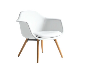Isolated shot of a modern, white armchair with wooden legs and a cushioned seat