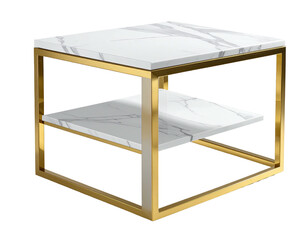 Modern square side table with marble top and lower shelf, golden metal frame