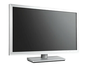 Modern, silver-framed computer display with a black screen and a stable, rectangular base