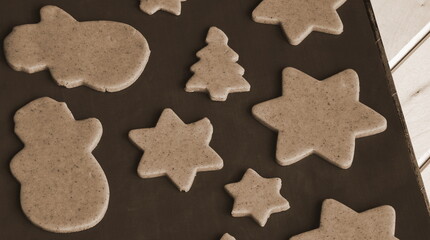 Gingerbread Cookie Dough Christmas Shapes Top View Brown Baking Raw