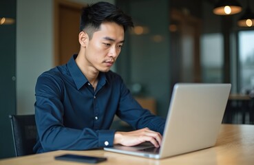 Young Asian man types on laptop at desk. Focused businessman works on computer in modern office. His smartphone lies nearby. He wears a navy blue collared shirt.