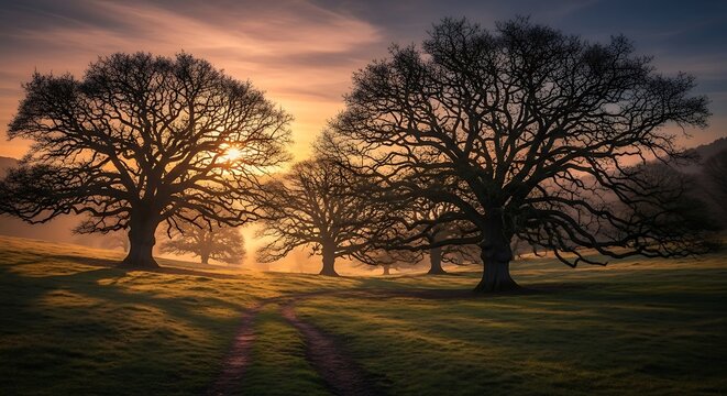 Majestic, bare branched trees stand silhouetted against a warm, misty sunrise across a grassy field.