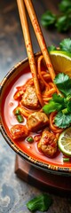 Spicy, sour noodles with minced pork, herbs and lime,  vibrant,  spicy noodles