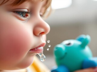 Soft focus macro of child's cheek with blurred toy, gentle cleansing motion implied,  warmth,  studio