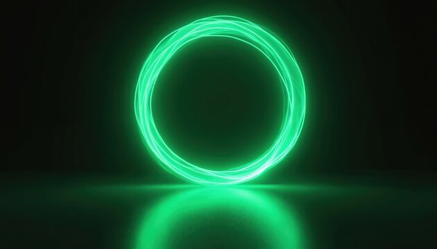 Bright green neon circle glows against dark background with reflection. Smooth gradient fade creates subtle motion effect. Plenty of copy space available for text.