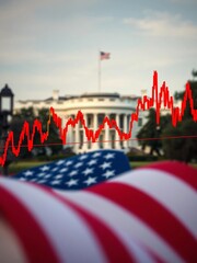 Market fluctuations visualized with red and green lines, USA flag foreground, blurred White House background,  visual,  economy