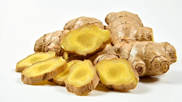 Close-up views of fresh ginger roots and slices, perfect for culinary and health content