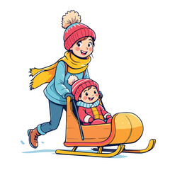Vsai mother and child enjoying winter sleigh ride activity