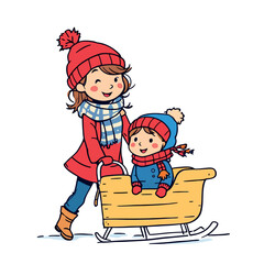 Vsai mother pulling child on sleigh in winter