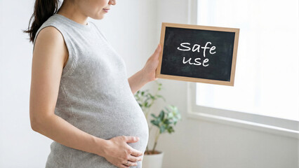Pregnant woman holding sign with safe use message, expecting mother demonstrating safety awareness, prenatal care and health information concept