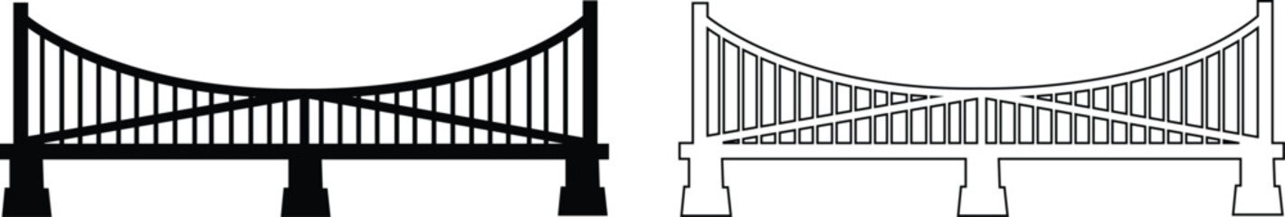 Bridge icons set collection with arch suspension truss viaduct structures in flat and line style, transportation infrastructure outline illustration group for city map UI design