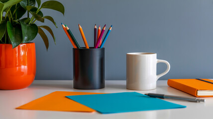 A Desk Setup with Colorful Stationery and a Potted Plant vibrant