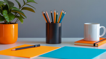 A desk setup with colorful stationery, a potted plant, and a white mug on a light blue surface