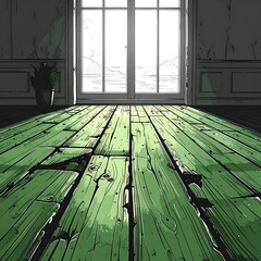Room interior with green floorboards, window, and distant mountains in a stylized illustration with muted color tones